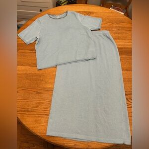 Anne Peterson Blue Gray Wool Rayon Santana Blend Short Sleeve Sweater Skirt Set